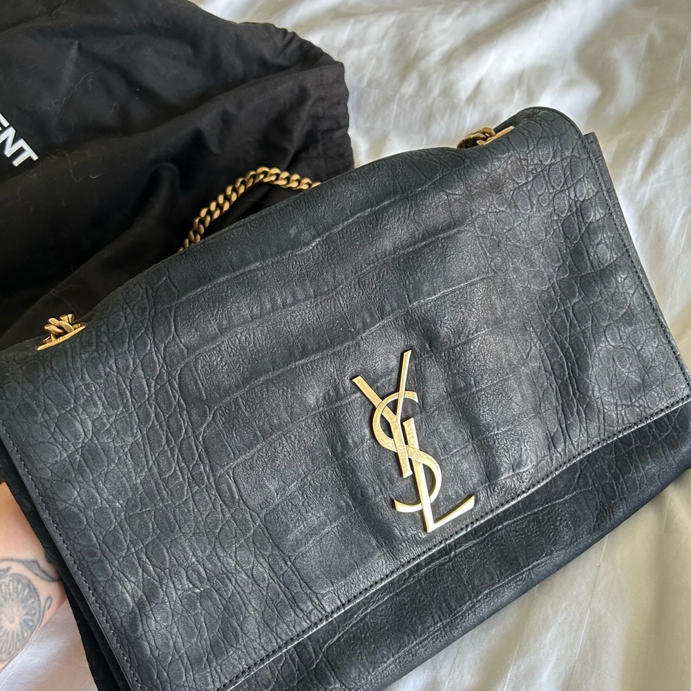 Yves Saint Laurent Black Suede Monogram Chain Crossbody Bag with Gold Hardware